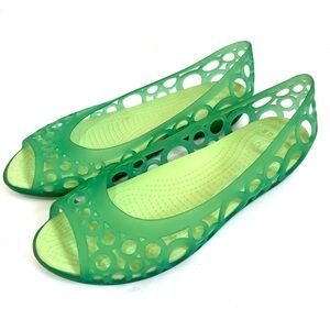 Crocs Green Green Perforated Peep Toe J1 Slip On Retro Comfort Flats  size 9